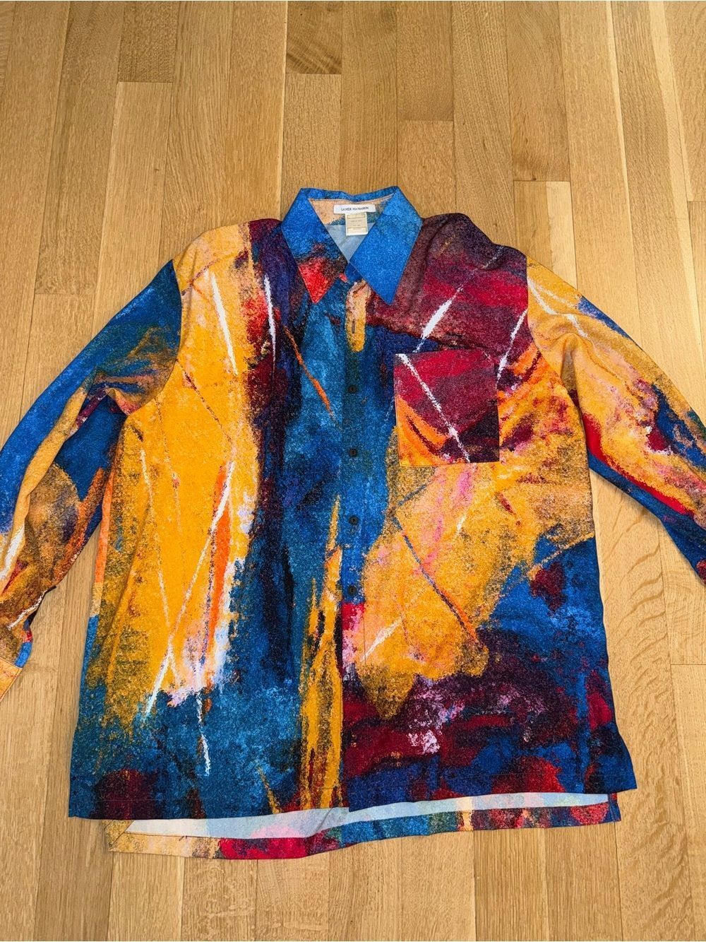 Abstract Paint-Splatter Button-Up Shirt in Blue, Yellow, Red - Picture 3 of 6